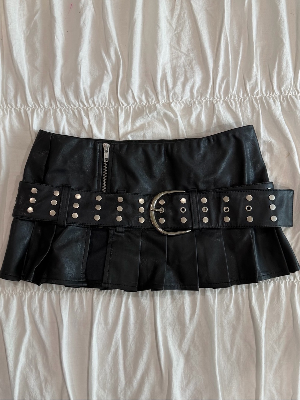 The Kript Pleated Leather Studded Micro Mini Skirt